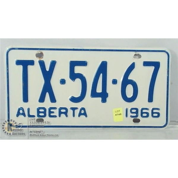 1966 ALBERTA PLATE LOW NUMBER.