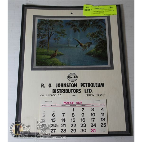 1972 GULF PETROLEUM CALENDAR WITH MALLARD DUCK