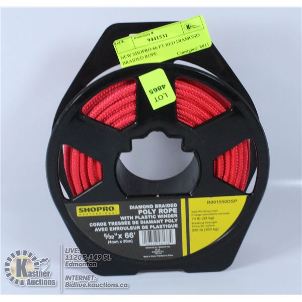 NEW SHOPRO 66 FT RED DIAMOND BRAIDED ROPE