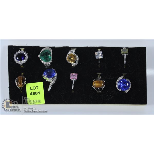 DISPLAY OF 10 LARGE STONE RINGS
