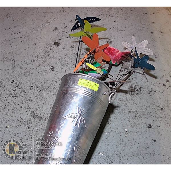 LARGE DECORATIVE BUCKET FILLED WITH GARDEN ACCENTS