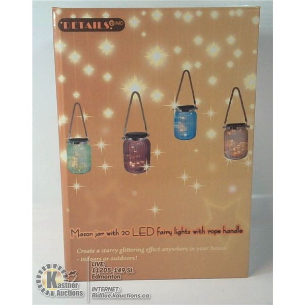 RED MASON JAR WITH FAIRY LIGHTS AND ROPE HANDLE