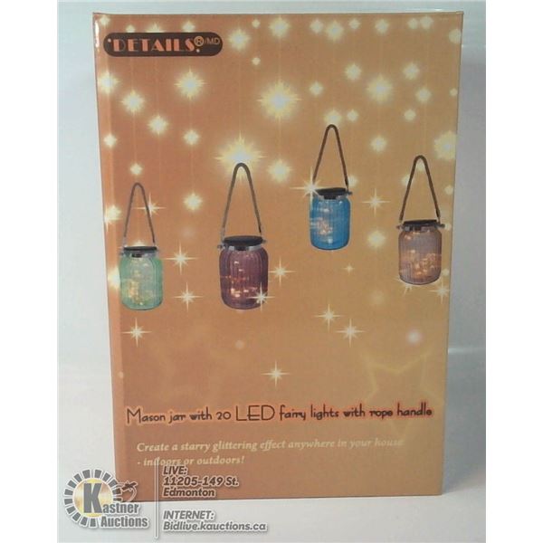 BLUE MASON JAR WITH FAIRY LIGHTS AND ROPE HANDLE