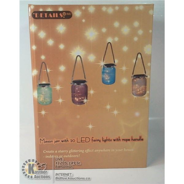 BLUE MASON JAR WITH FAIRY LIGHTS AND ROPE HANDLE