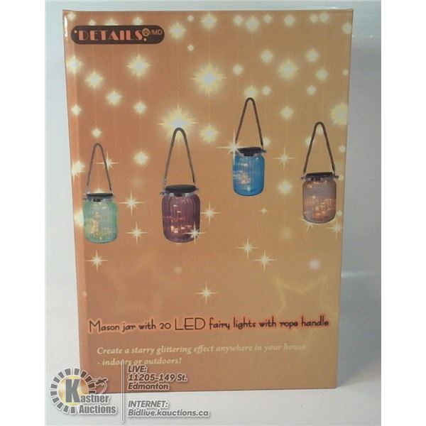 GREEN MASON JAR WITH FAIRY LIGHTS AND ROPE HANDLE