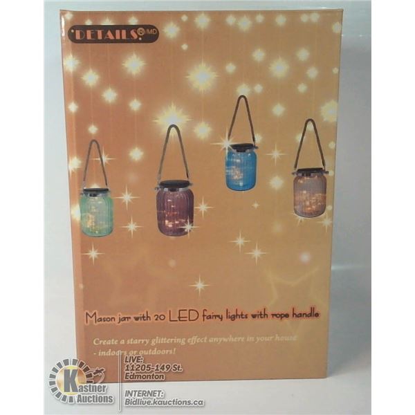 GREEN MASON JAR WITH FAIRY LIGHTS AND ROPE HANDLE