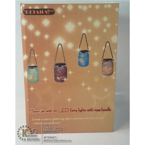 CLEAR MASON JAR WITH FAIRY LIGHTS AND ROPE HANDLE