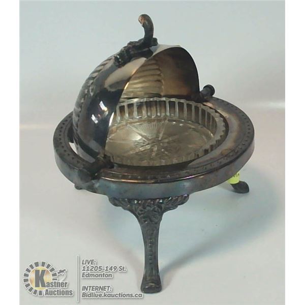 ANTIQUE FOOTED SILVER PLATE ROLL TOP CAVIAR DISH
