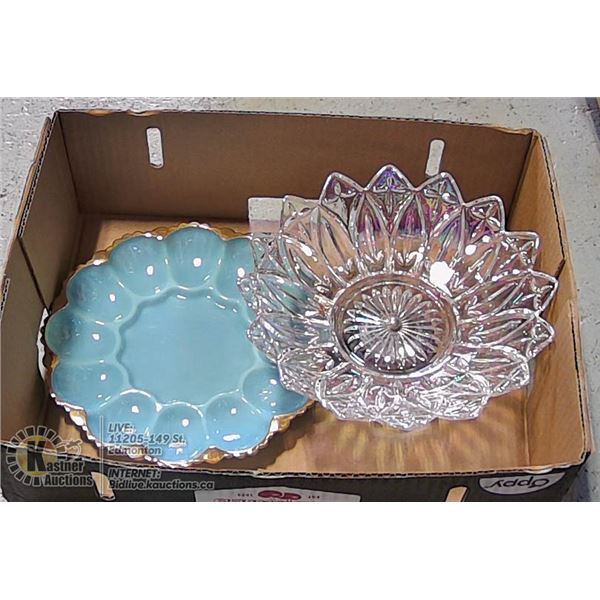 VINTAGE BLUE MILK GLASS EGG PLATE & IRRIDESCENT