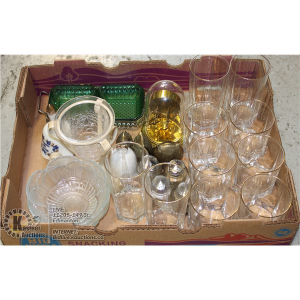 FLAT OF ASSORTED GLASSWARE.