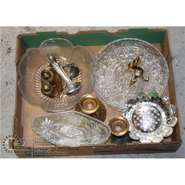 LARGE FLAT OF GLASSWARE CERAMIC AND BRASS ITEMS.