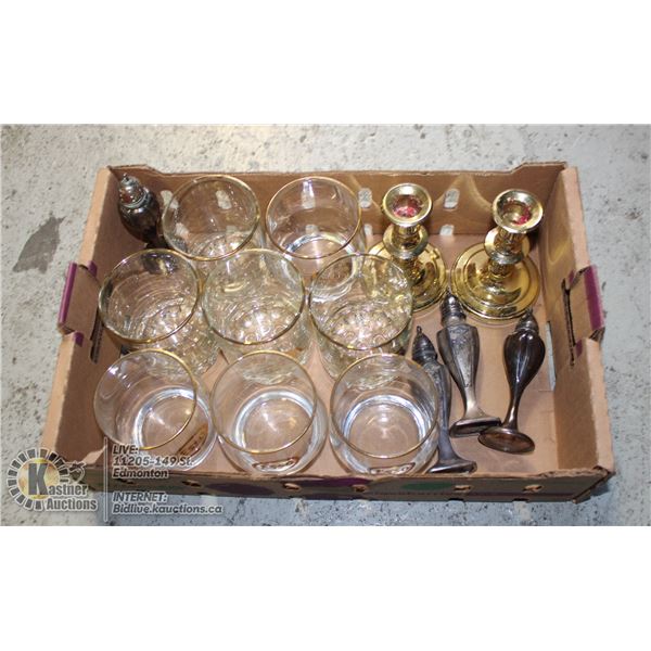 FLAT OF VINTAGE ESSO GLASSWARE, CANDLESTICKS AND