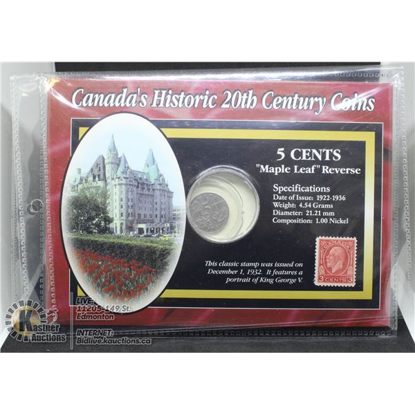 HISTORIC 20TH CENTURY COINS MAPLE LEAF 5 CENT