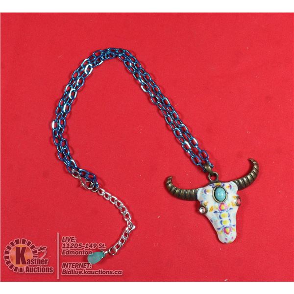LONG HORN W/TURQUOISE ON BLUE CHAIN NECKLACE