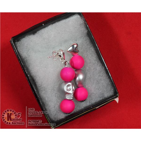 SILVER SKULL W/PINK BEADS ON HEART POSTS