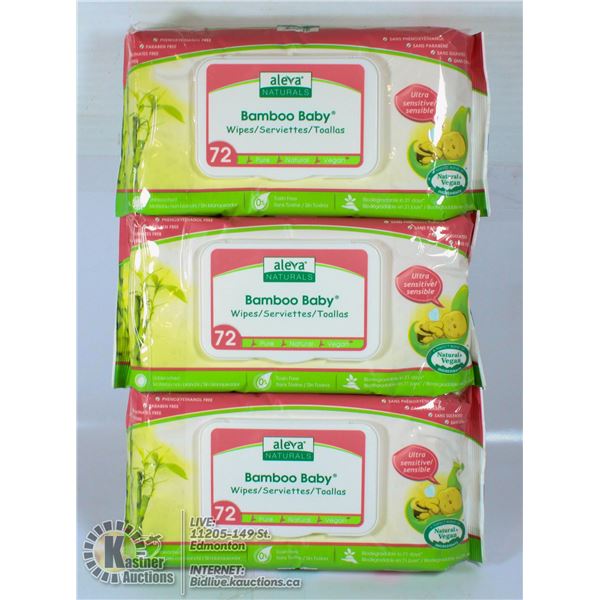 3 X ALEVA NATURALS BAMBOO BABY WIPES 72 PACK