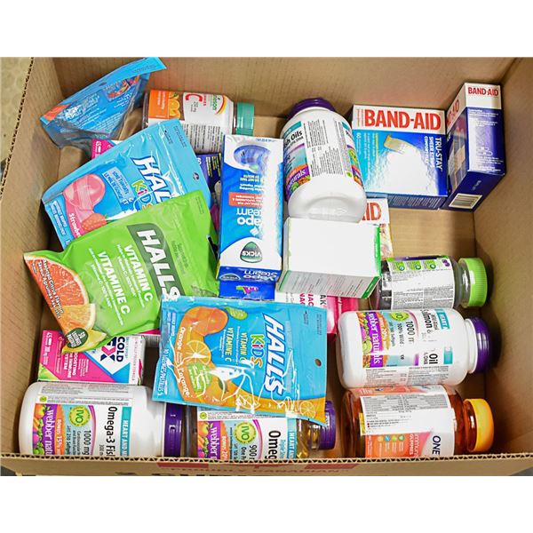 FLAT LOT OF VITAMINS, COUGH DROPS  AND BANDAIDS