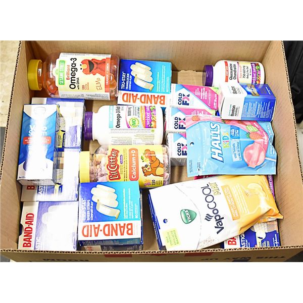 FLAT LOT OF VITAMINS, COUGH DROPS  AND BANDAIDS
