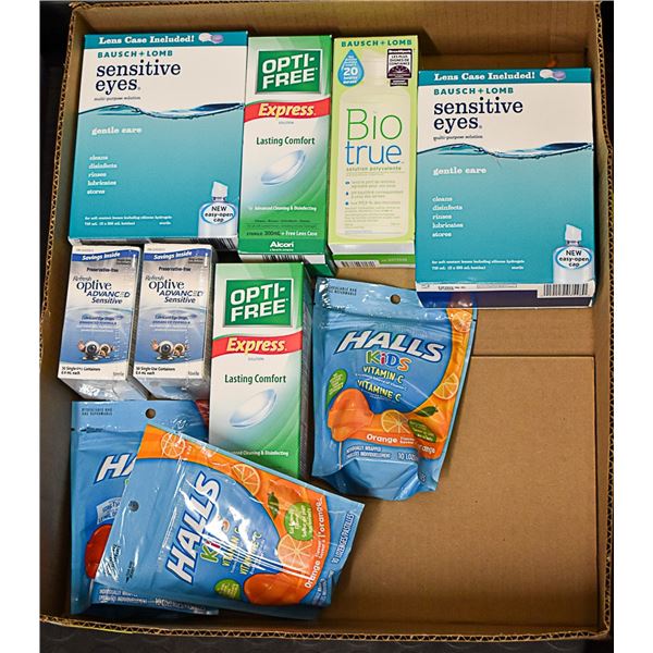 FLAT LOT OF COUGH DROPS AND EYE CARE PRODUCTS