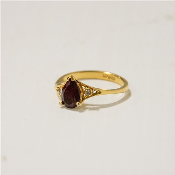 PEAR GARNET RING WITH CZ  ACCENTS