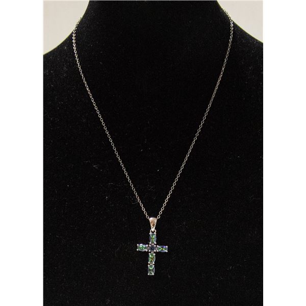 TOPAZ AND ZIRCON CROSS SET IN SILVER WITH CHAIN