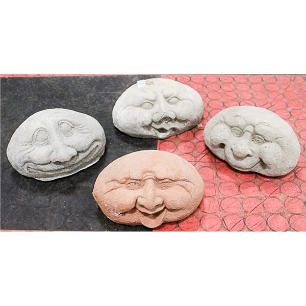 LOT OF 4 STRANGE FACE 7 INCH WIDE EMOJI STATUES