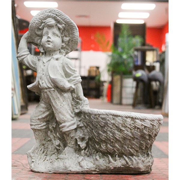 CONCRETE FARMER BOY 15 INCH TALL PLANTER STATUE