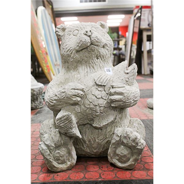 CONCRETE BEAR WITH FISH 16 INCH TALL STATUE