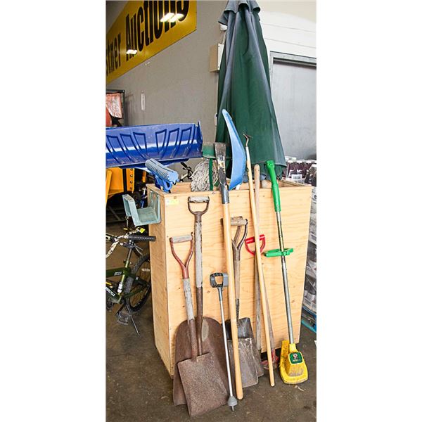 WOODEN YARD TOOL STORAGE WITH TOOLS AND UMBRELLA