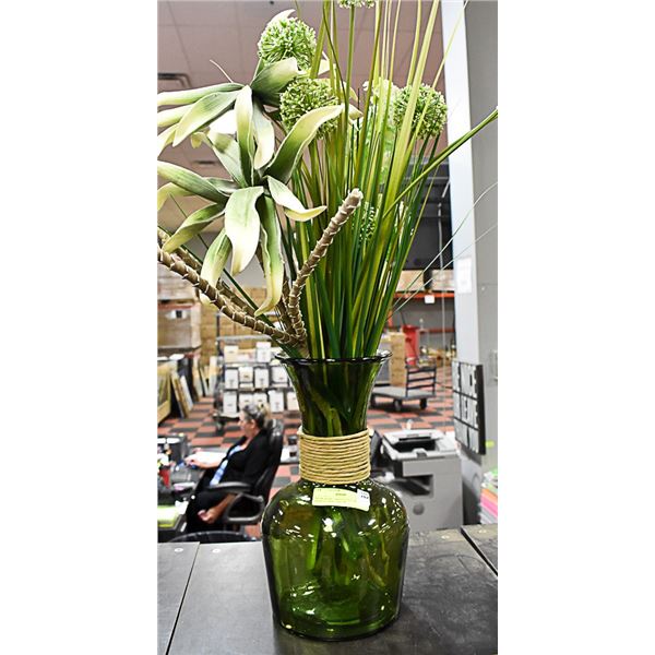 SHOW HOME GREEN VASE,WICKER TRIM ,FLORAL DECOR