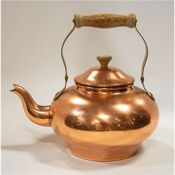 COPPER TEA KETTLE WOOD HANDLE