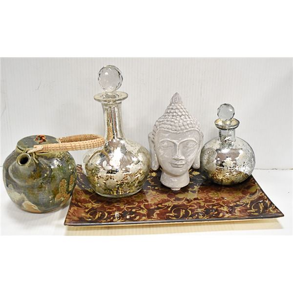 FLAT OF CRYSTAL DECANTERS / GLASS TRAY BUDDHA
