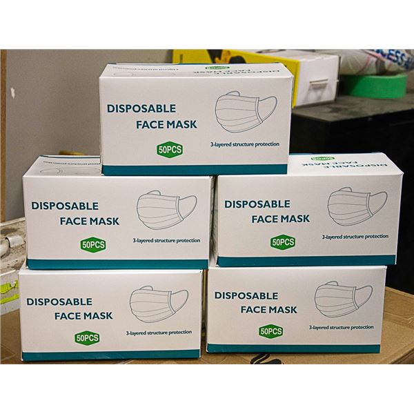 5 BOXES OF 50 DISPOSABLE FACE MASKS