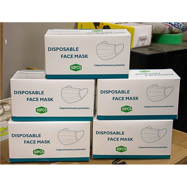 5 BOXES OF 50 DISPOSABLE FACE MASKS