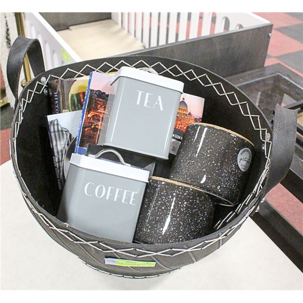 SHOWHOME LEATHER BASKET WITH BOOKS AND CANNISTERS