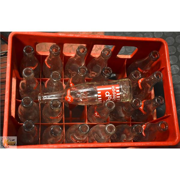 "POP SHOPPE" CRATE WITH 23 GLASS POP BOTTLES
