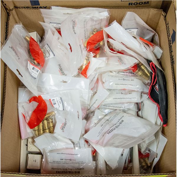BOX LOT OF VARIOUS PARTS AND WELDING TIPS