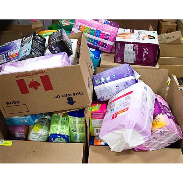 PALLET LOT OF DIAPERS PADS AND BRIEFS