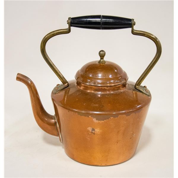 COPPER TONE TEA KETTLE SOLID WOOD HANDLE