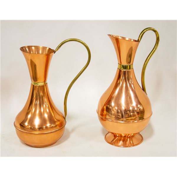 2 COPPER PITCHERS W/ BRASS HANDLES PORTUGAL