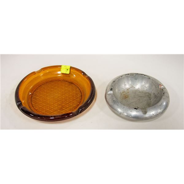 2 X OLD HEAVY ASHTRAYS GLASS/METAL