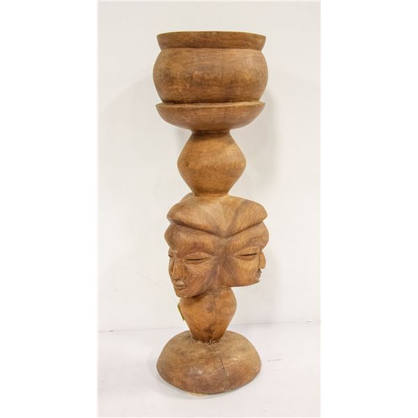 ANTIQUE TRI HEAD WOOD CARVED TALL SERVING POT