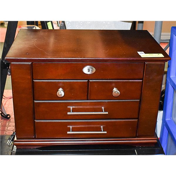 LARGE WOOD JEWELLERY BOX WITH KEY.