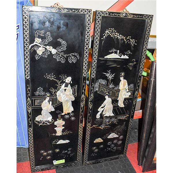 PAIR ANTIQUE MOTHER OF PEARL BLACK LACQUER ASIAN