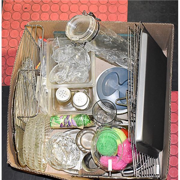 LARGE BOX OF BAKING SUPPLIES AND SERVING