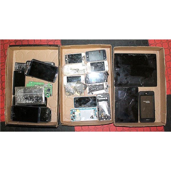 3 FLATS OF PHONES & TABLETS FOR PARTS OR REPAIR