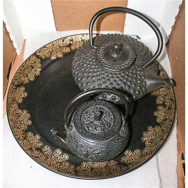 BOX WITH 2 CAST IRON TEA POTS (1 MED. &