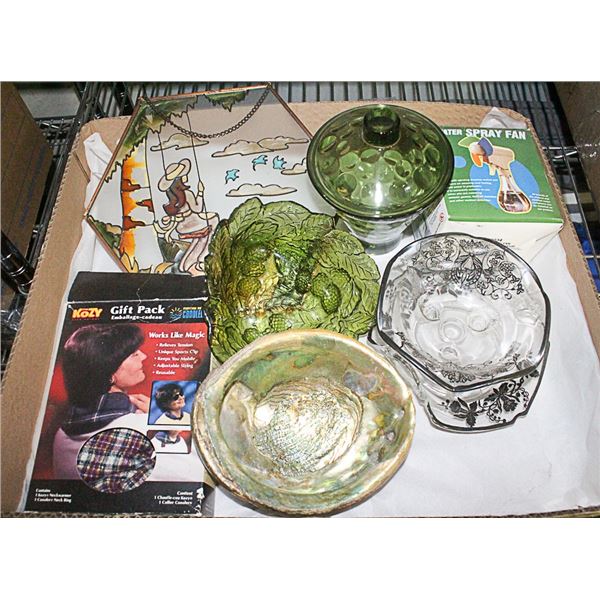 BOX OF MISC. ITEMS INCL. STAINED GLASS WALL