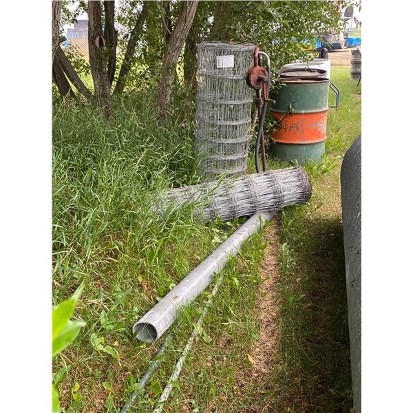 2 Rolls of Wire & Steel Hand Gas Pump & Steel Pipes