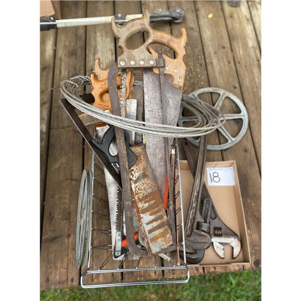 Various Saws, Clothes Line, Pipe & Cresent Wrench, Etc.